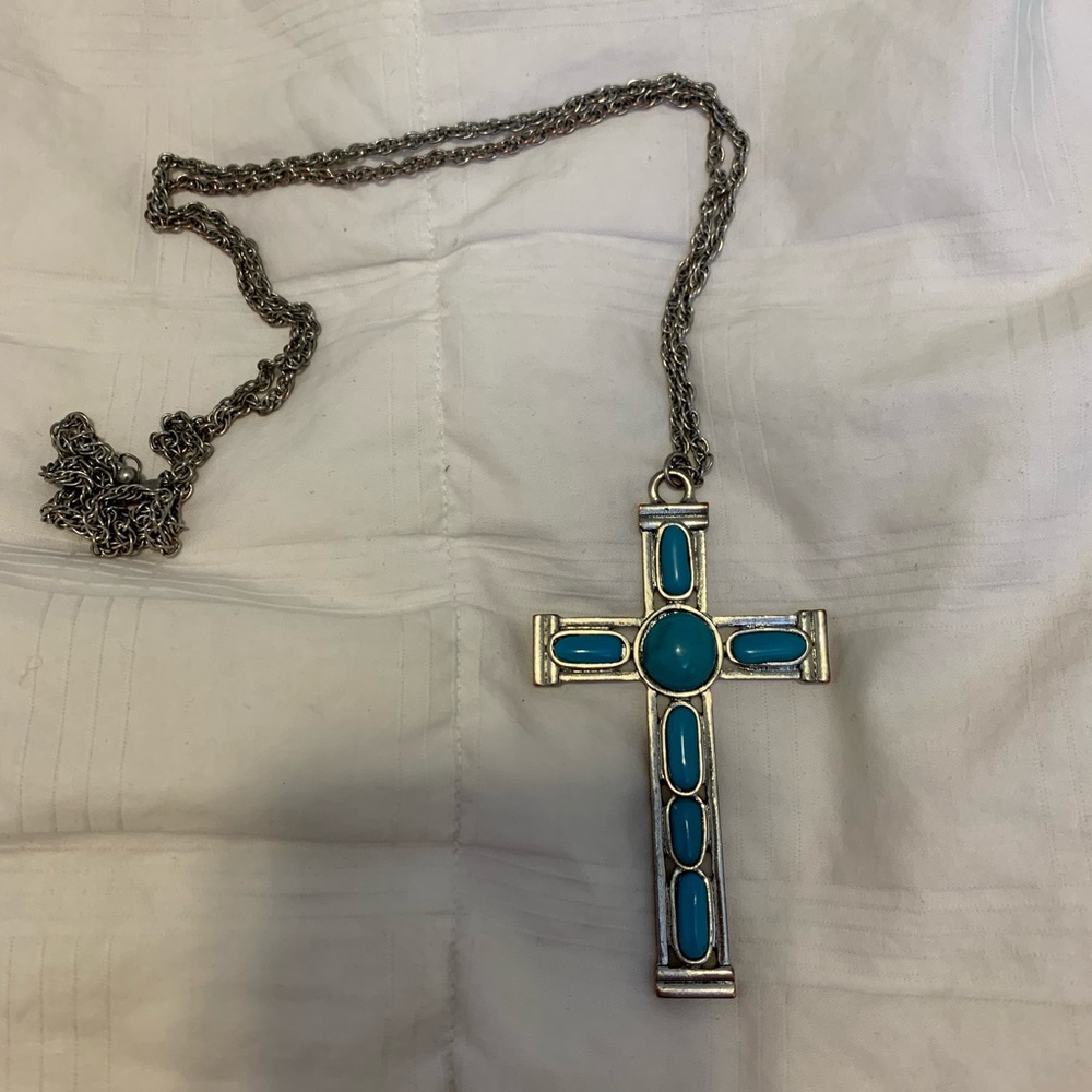 Turquoise silver cross chain necklace